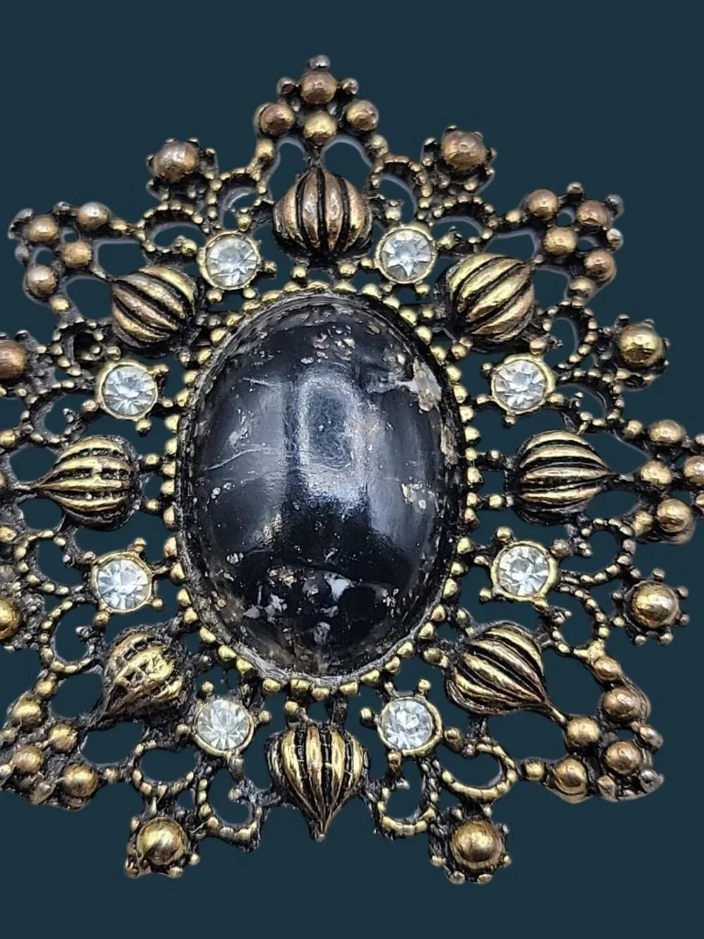 Vintage Victorian Revival Black Cabochon Starburst Brooch Pin Gold Tone Filigree
